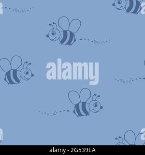 Seamless vector pattern with simple cartoon bumblebee on blue background. Hand drawn flying bee wallpaper design for children. Stock Vector