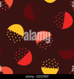 Seamless vector pattern with half circles and dots on mahogany red background. Simple wallpaper design with abstract bowl for fabric fashion. Stock Vector