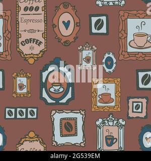 Seamless vector pattern with coffee pictures on wall. Brown background. Vintage cafe wallpaper design with paintings. Morning coffee love. Stock Vector