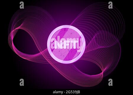 NFT non fungible token on abstract linear striped lilac purple background. Online money for buy exclusive art poster. Pay for unique collectibles in games banner. Blockchain technology crypto coin eps Stock Vector