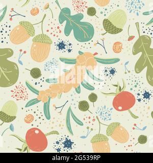 Hand drawn vector seamless pattern with autumn elements acorns, leaf, berries and seeds Stock Vector