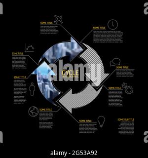 Vector Simple cycle infographic template with photo placeholders. Business company overview profile with four photos in arrows circle and some descrip Stock Vector