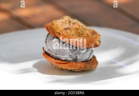 Chocolate chip cookie sandwich filled with chocolate ice-cream Stock Photo