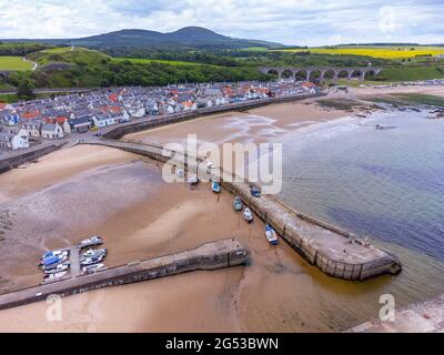 Aerial view from drone of  Cullen on Moray Firth coast in Moray, Scotland, UK Stock Photo