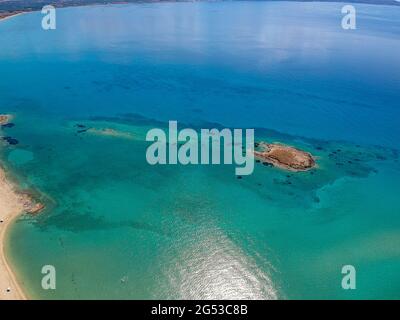 Iconic aerial view over the oldest submerged lost city of Pavlopetri in Laconia, Greece. About 5,000 years old Pavlipetri is the oldest city in the Me Stock Photo