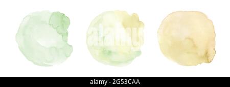 Set of three green gradient yellow watercolor circle stain brush shapes hand-painted on white background. Stock Vector