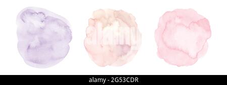 Set of three pink gradient purple watercolor circle stain brush shapes hand-painted on white background. Stock Vector