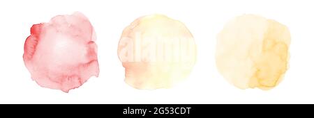 Set of three yellow gradient orange watercolor circle stain brush shapes hand-painted on white background. Stock Vector
