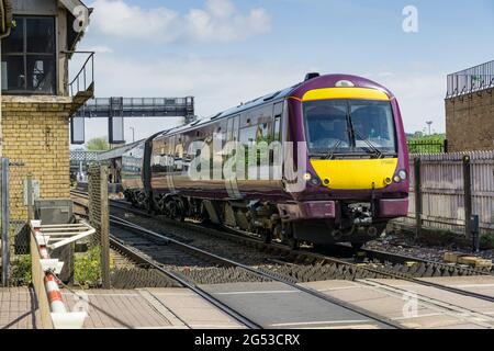 East Midlands Railway train leaving Lincoln City station heading west. Stock Photo