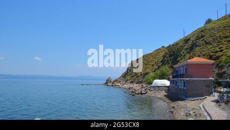 Efthalou  beach  near molyvos on lesvos island with Turkiish coast visible a few miles in the distance. Stock Photo