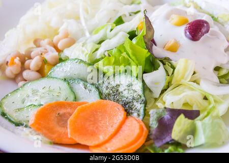 Greek salad in german style served with carrots, cabbage, lettuce and white beans and yoghurt sauce Stock Photo