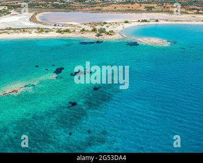 Iconic aerial view over the oldest submerged lost city of Pavlopetri in Laconia, Greece. About 5,000 years old Pavlipetri is the oldest city in the Me Stock Photo