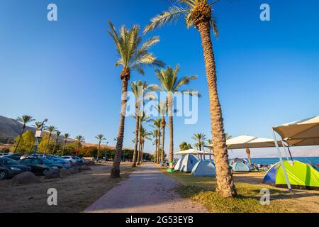 kineret-israel. 18-06-2021. Tents of hikers on the shores of the Sea of Galilee at sunrise, on Korsi beach Stock Photo