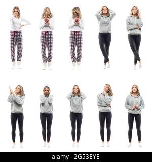 Side view of happy beauty woman in leggings put on hoodie in gray sweatshirt.  Full body length isolated on white background Stock Photo - Alamy