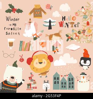 Winter set with Cute Animals, Girl and Holiday Elements Stock Vector