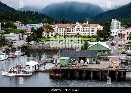 Sitka Harbor, red-roofed Pioneer Home beyond, Sitka, Alaska Stock Photo