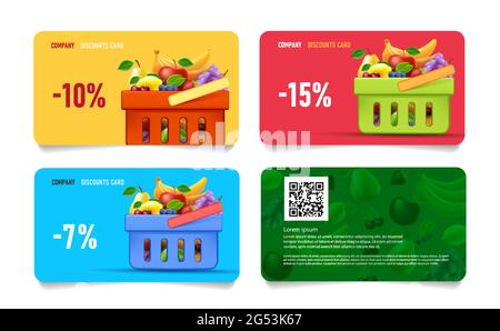 Set of layalty program discount cards for grocery store or supermarket with percent and 3d shopping basket illustration full of fruits Stock Vector