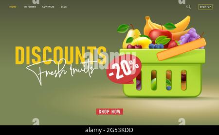 Web banner for supermarket landing page with 3d illustration of shopping basket full of fruits with discount Stock Vector