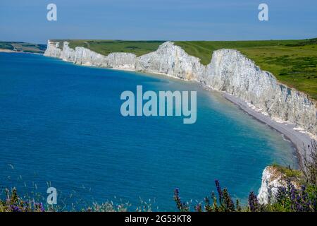 Staycation idea. The Seven Sisters white chalk coastal cliffs next to the English Channel at Birling Gap, East Sussex, England, UK Stock Photo