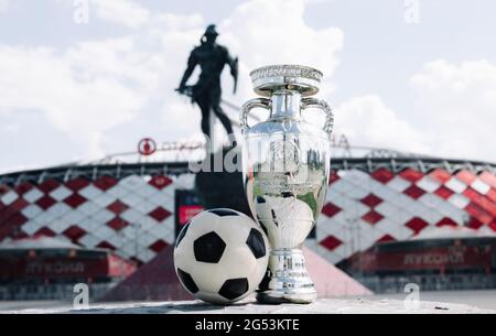 June 14, 2021, Moscow, Russia. European Football Championship Cup in front of Spartak Stadium - Otkrytie Arena. Stock Photo