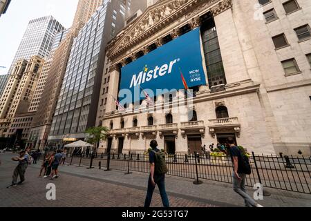 The New York Stock Exchange on Friday, June 25, 2021 is decorated for the initial public offering for Mister Car Wash. The largest U.S. chain of car washes, the company is poised to take advantage of the opening of society as more people travel. (ÂPhoto by Richard B. Levine) Stock Photo