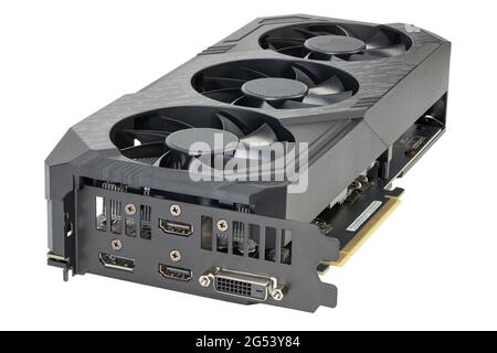 Game graphics card isolated on white background. Mining card. File contains clipping path. Stock Photo