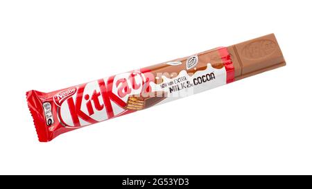 Ukraine, Kyiv - June 24. 2021: Opened Kit Kat chocolate bar. Kit Kat is a chocolate biscuit bar confection that is manufactured by Nestle.  File conta Stock Photo