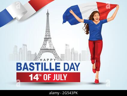 Cheerful beautiful young woman running with her hands spread up and holding blowing French flag. Creative vector Illustration, Card, Banner Or Poster Stock Vector