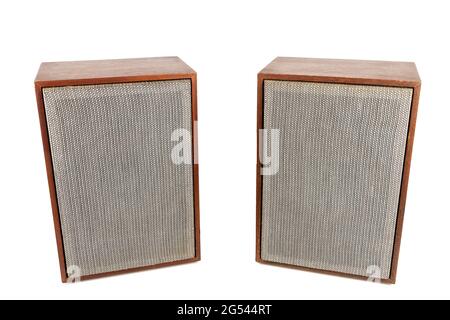 Two vintage speakers with fabric grills isolated on white background. Stock Photo