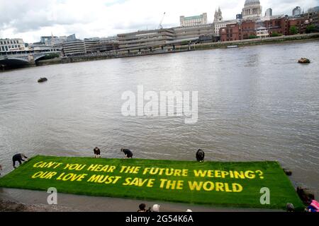 Tate Modern, London. July 25th 2021. A message from Ben Okri to world governments grown on a 16x4 metres carpet of living grass,  This was commissione Stock Photo