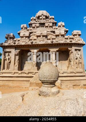 Exterior of the Dharmaraja Ratha, one of the Pancha Rathas (Five Rathas) of Mamallapuram, an Unesco World Heritage Site in Tamil Nadu, South India Stock Photo