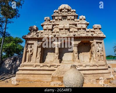 Exterior of the Dharmaraja Ratha, one of the Pancha Rathas (Five Rathas) of Mamallapuram, an Unesco World Heritage Site in Tamil Nadu, South India Stock Photo