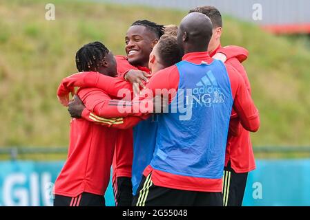 Belgium's Jeremy Doku and Belgium's Michy Batshuayi pictured during a training session of the Belgian national soccer team Red Devils, in Tubize, Frid Stock Photo