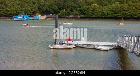 Landing jetty and the King Harry Chain Ferry. The ferry connects St Mawes and the Roseland Peninsula with Feock across the River Fal in Cornwall. Stock Photo