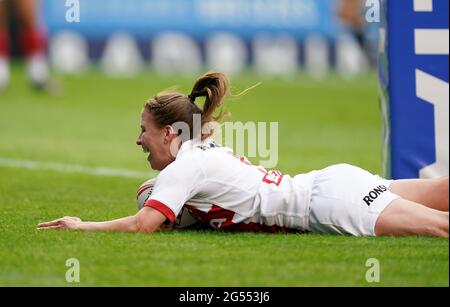 England's Tara Jones (left) celebrates scoring a try during the women's international match at the Halliwell Jones Stadium, Warrington. Picture date: Friday June 25, 2021. Stock Photo