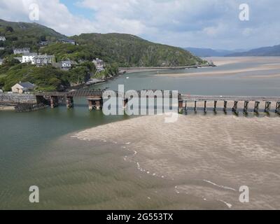 Barmouth North Wales, railway bridge drone image Stock Photo