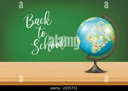 Back to School. Vector 3d Realistic Green Chalkboard, Wooden Frame and Globe of Planet Earth with Political Map of World on Desk. Chalkboard Design Stock Vector