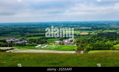 View across the South Downs National Park near Ditchling Beacon looking down over Plumpton Agricultural College Stock Photo