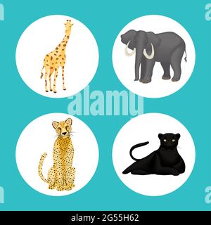 Cute animals cartoons icon set on circles Stock Vector