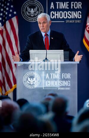 June 24, 2021, Simi Valley, California, USA -  Former Vice President MIKE PENCE speaks at the Ronald Reagan Library in the Ronald Reagan Presidential Foundation & Institute's ''Time for Choosing'' series.(Credit Image: © Brian Cahn/ZUMA Wire) Stock Photo