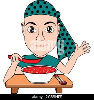 Wearing Teal for Ovarian Cancer a cancer patien waves hello whiile eating at the table. Stock Photo