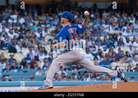 Chicago Cubs starting pitcher Zach Davies (27) throws during a MLB game against the Los Angeles Dodgers, Thursday, June 24, 2021, in Los Angeles, CA. Stock Photo
