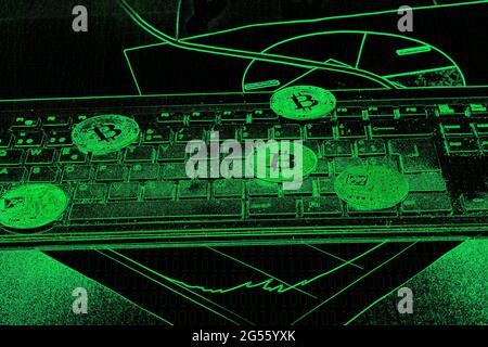 Abstract black background on which there is a keyboard and green colored graphs and binary numbers that are subtly visible. Stock Photo