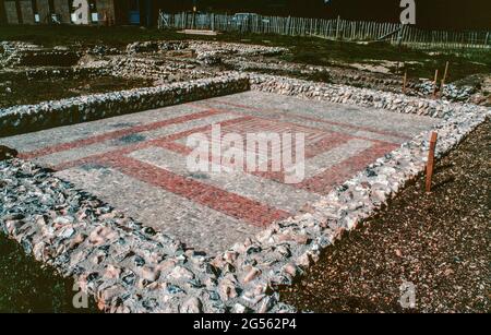 Rockbourne, Hampshire - Roman Villa ruins - archaeological excavation in progress. Dining room mosaic (Room 8). Archival scan from a slide. October 1978. Stock Photo