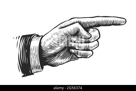 Hand with pointing finger. Illustration drawn in vintage engraving style Stock Vector
