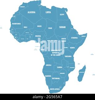 Simple flat blue map of Africa continent with national borders and country name labels on white background. Vector illustration Stock Vector