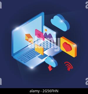 Isometric illustration of a silver laptop and various application icons floating on blue background Stock Photo