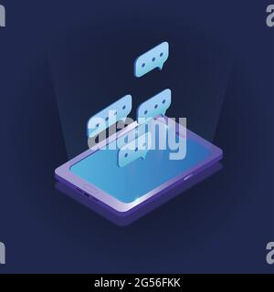 Illustration of a purple smartphone and a chat window on a blue background Stock Photo