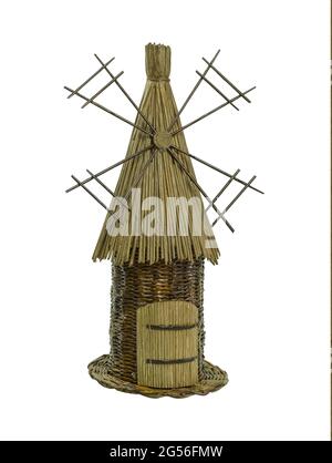 Straw mill on an isolated white background. Old windmill, mill as background with space for text Stock Photo