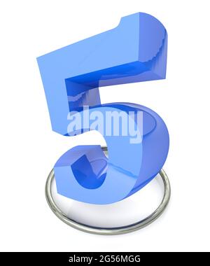 Number 5 blue over metallic circle on white background - 3D rendering illustration Stock Photo